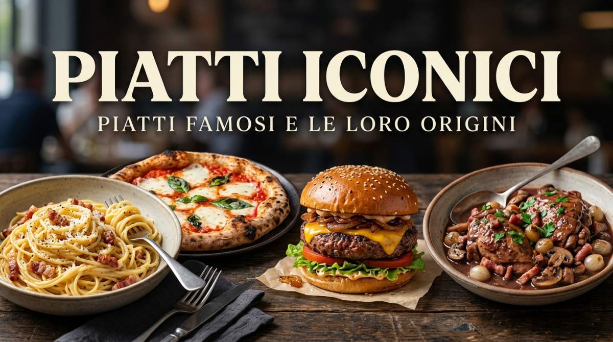 Composizione di piatti iconici con pasta, pizza e altri cibi famosi disposti insieme