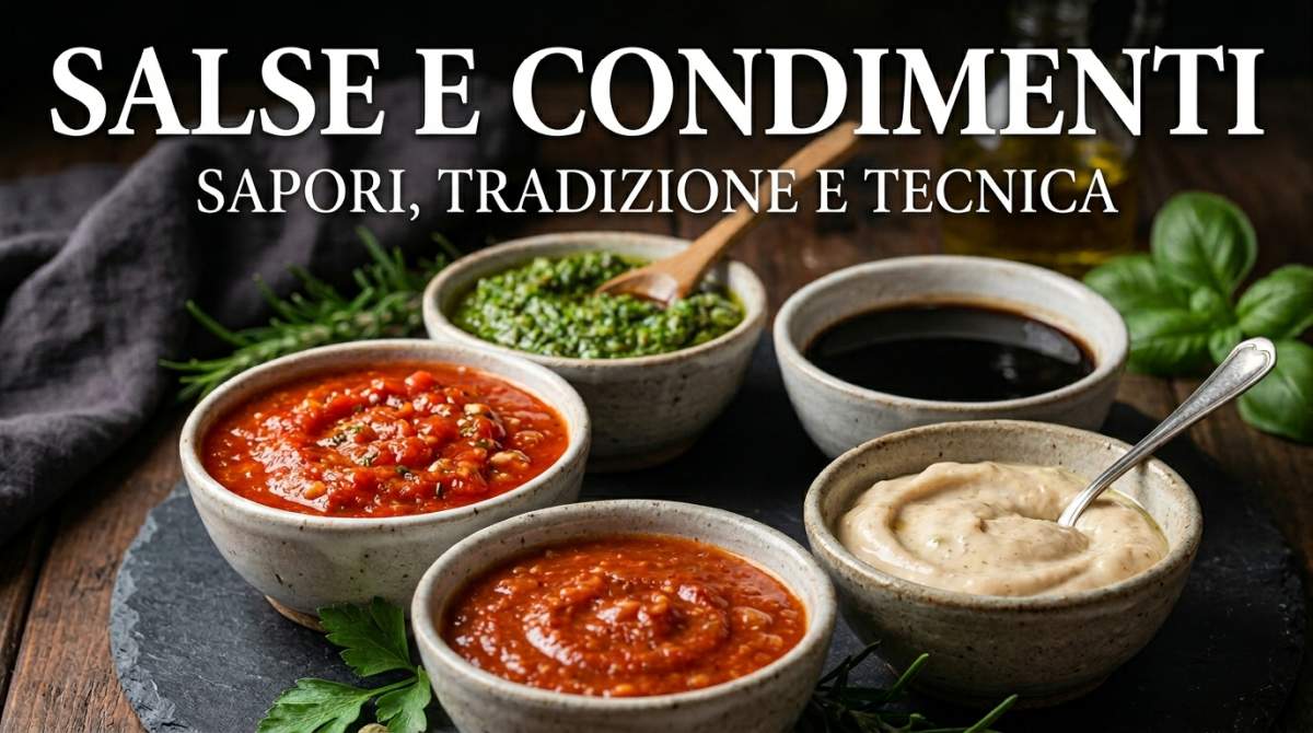 Varietà di salse e condimenti con colori diversi e consistenze visibili servite in piccole ciotole