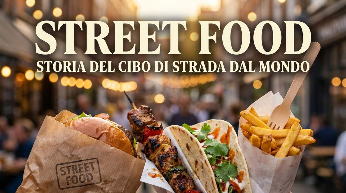 Varietà di street food dal mondo con panini, spiedini e cibi da strada serviti in modo informale