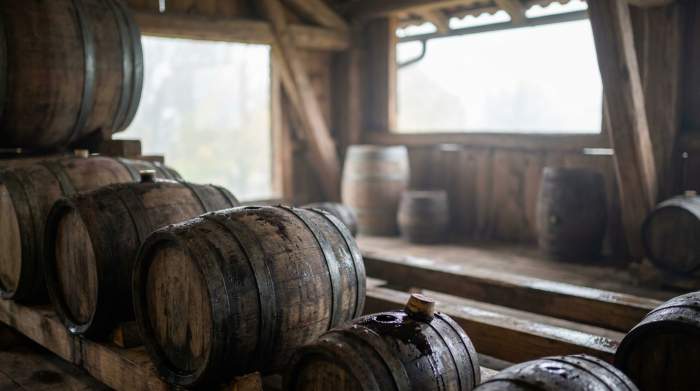 Acetaia tradizionale con botti di legno immerse nella nebbia autunnale di Spilamberto