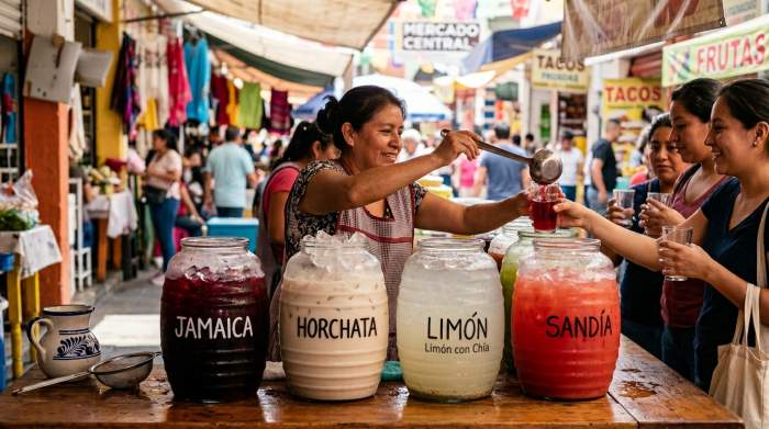 Agua fresca messicana servita nei tradizionali vitroleros di un mercato locale