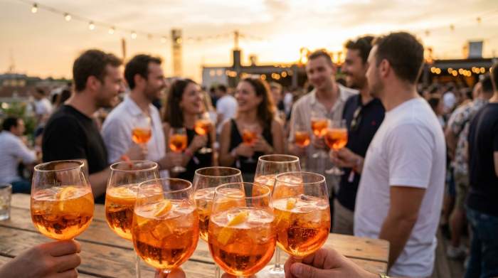 Persone che condividono Aperol Spritz durante un aperitivo sociale all’aperto