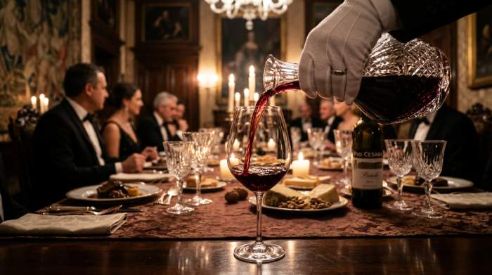 Barolo versato da un decanter in calice su una tavola elegante con piatti tradizionali piemontesi in ambiente aristocratico