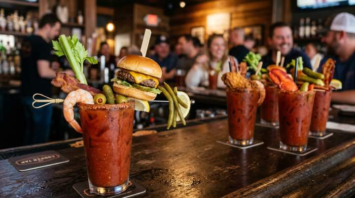 Bloody Mary decorato con garnish estremi in un bar creativo del Midwest americano