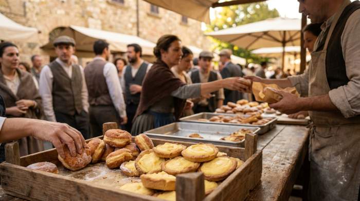 Pasticcini ripieni di crema pasticciera venduti in un mercato italiano del XIX secolo
