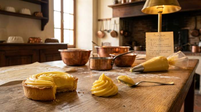 Crema pasticciera preparata con strumenti tradizionali di rame nella pasticceria storica