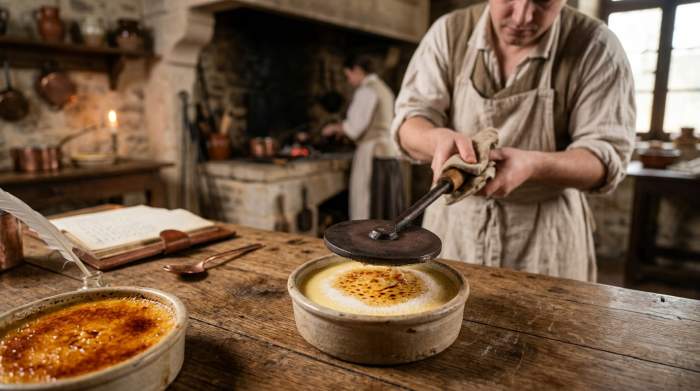 Crème brûlée francese caramellata con ferro rovente secondo la tradizione del Seicento