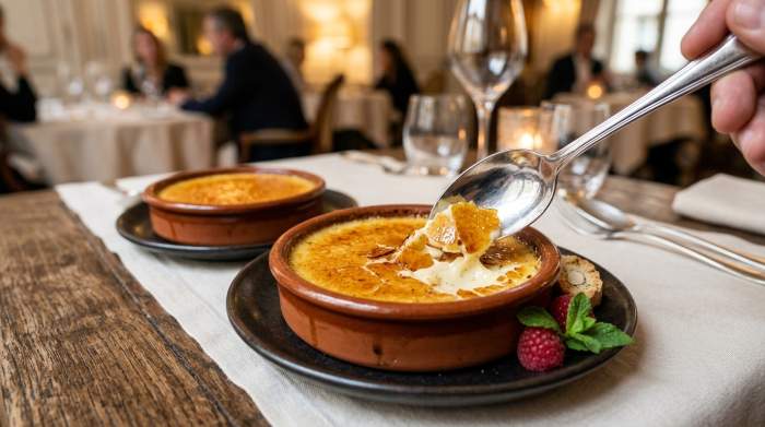 Crème brûlée servita nell’alta cucina francese con crosta di caramello perfetta