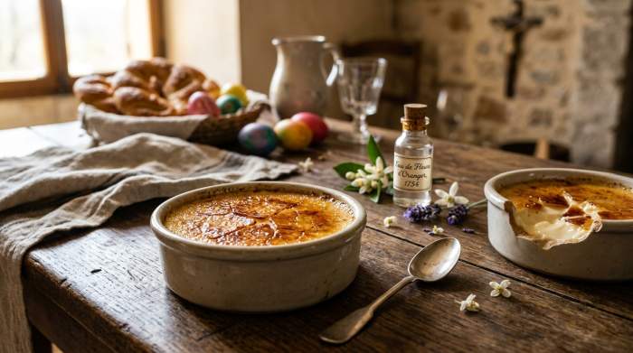 Crème brûlée provenzale aromatizzata con acqua ai fiori d’arancio