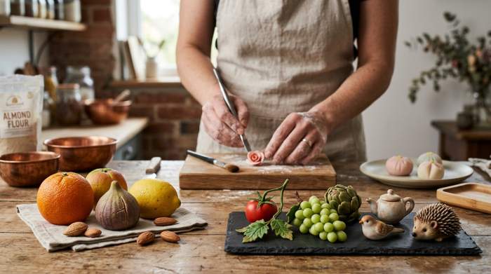 Pasticcini realistici di frutta martorana accostati a wagashi giapponesi artigianali