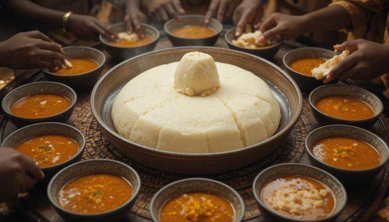 Fufu Condiviso Al Centro Con Piccola Porzione Modellata Pronta Per Essere Immersa Nella Salsa Comune