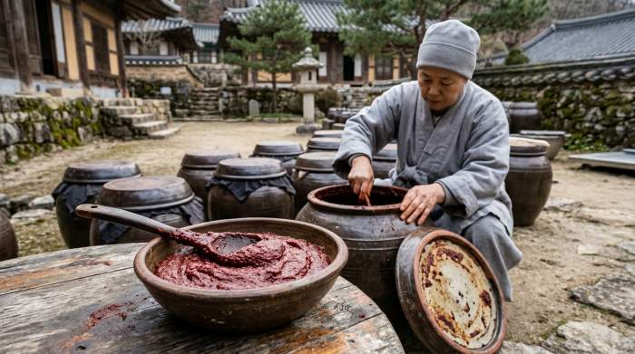 Gochujang coreano fermentato in tradizionali giare onggi durante l’inverno