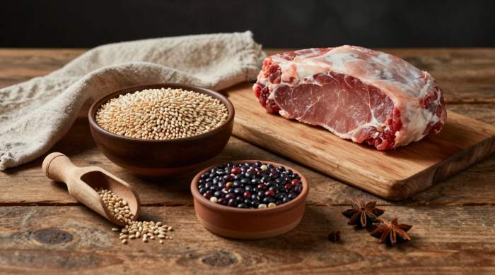Ingredienti tradizionali per tamales con legumi, carne e spezie