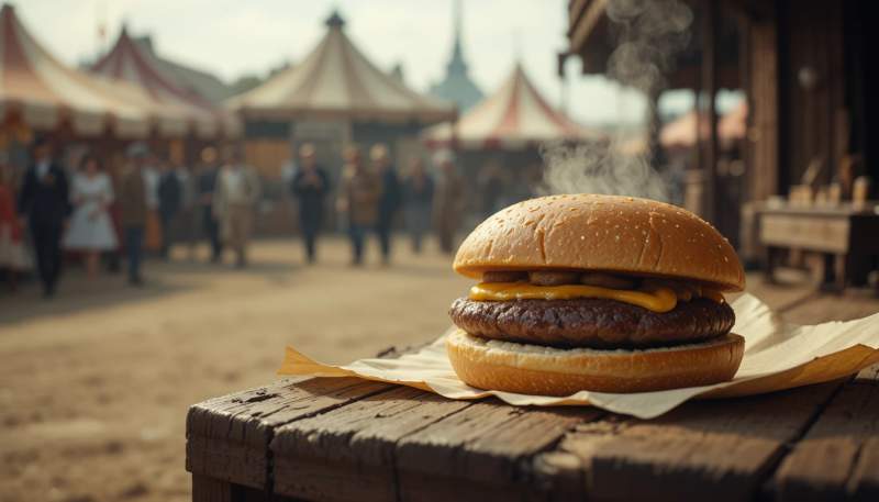 Hamburger Semplice Di Fine Ottocento Con Carne Alla Griglia Pane E Senape In Contesto Di Fiera