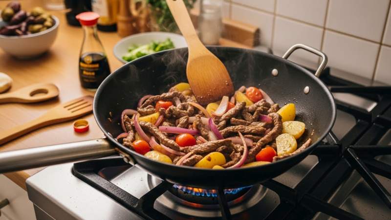 Lomo Saltado Preparato In Cucina Di Casa In Wok Ampio Come Pasto Pratico Quotidiano