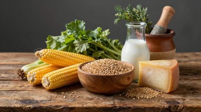 Mais, verdure e formaggio rustico utilizzati nella preparazione dei tamales