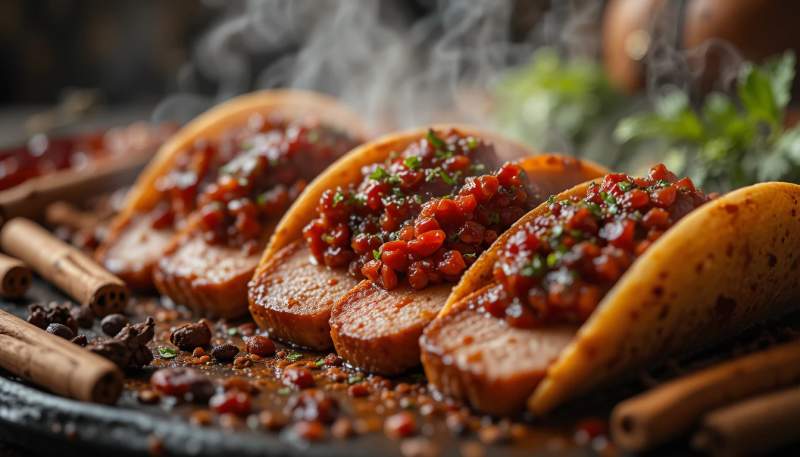 Marinatura Rossa Aromatica Con Peperoncini Secchi Spezie E Carne Di Maiale