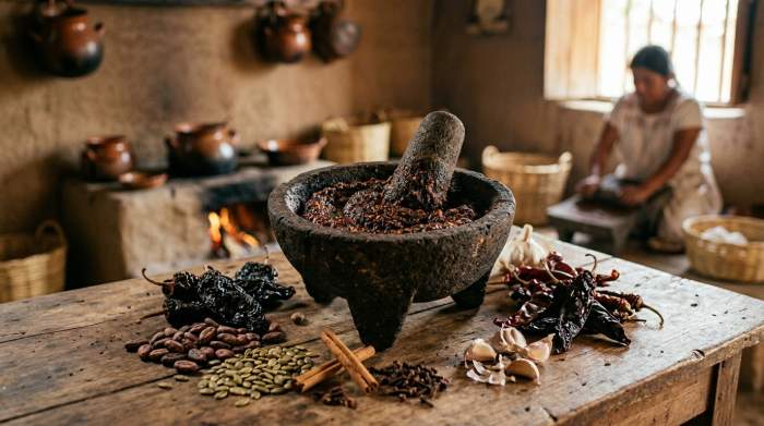 Mole messicano preparato con cacao, peperoncini e spezie della tradizione azteca