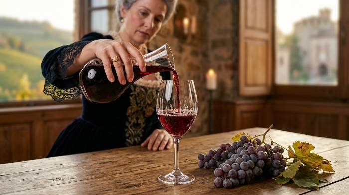 Vino rosso versato in un calice elegante con uva Nebbiolo e ambiente aristocratico piemontese sullo sfondo