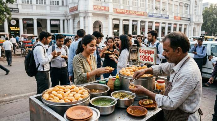 Venditore di pani puri a Delhi con ciotole di terracotta nello street food locale