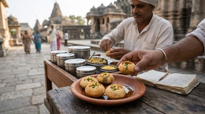 Pani puri giainista preparato senza aglio e cipolla secondo tradizione religiosa