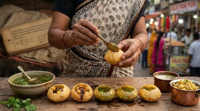 Pani puri tradizionale servito come antico street food indiano