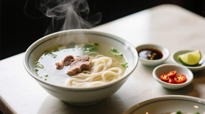 Pho Tradizionale Con Condimenti Laterali Usati Con Moderazione Per Non Coprire Il Brodo