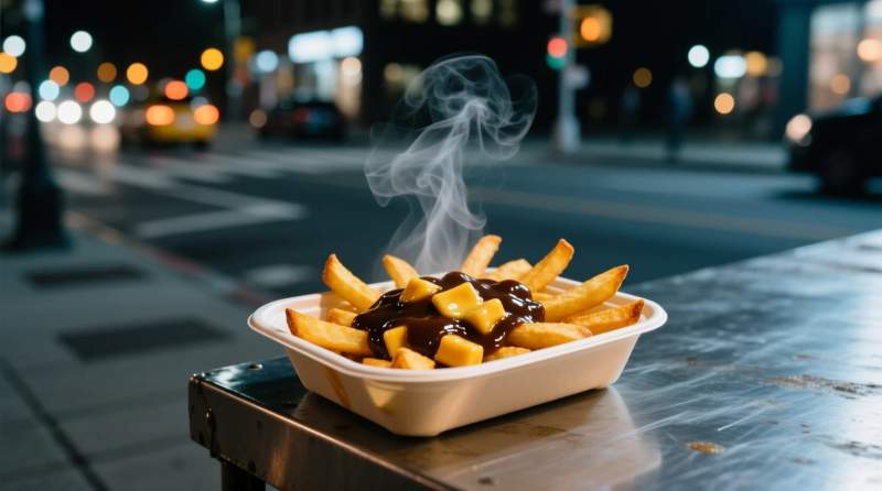 Poutine calda da street food urbano notturno con vapore e struttura sostanziosa