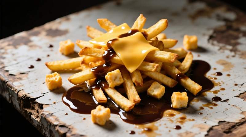 Poutine tradizionale servita in modo irregolare come simbolo del caos condiviso del Québec