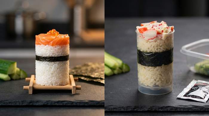 Confronto tra push pop sushi autentico giapponese e versione moderna con differenze nelle proporzioni e negli ingredienti