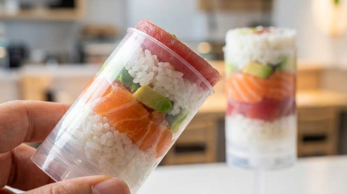 Push pop sushi in contenitore trasparente mentre viene spinto verso l’alto mostrando strati di riso e pesce