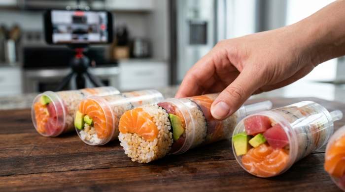 Push pop sushi premuto verso l’alto con strati visibili di riso e pesce in una composizione ripetitiva e soddisfacente