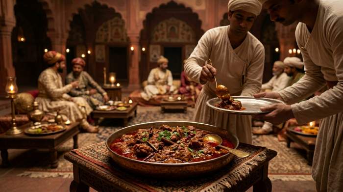Rogan josh servito in stile imperiale moghul con salsa rossa intensa