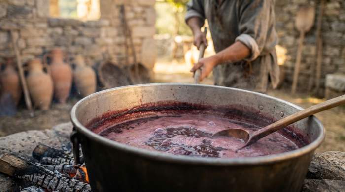 Mosto cotto romano ridotto lentamente in un’antica pentola per creare sapum