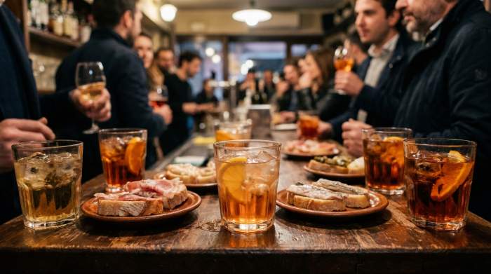 Spritz veneziano servito in un bacaro con cicchetti durante gli anni Cinquanta