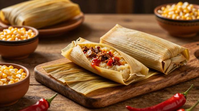 Tamales aperti con ripieno di carne e salsa tradizionale