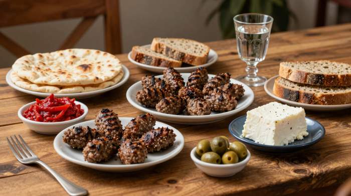 Tavola balcanica con cevapi ajvar formaggio