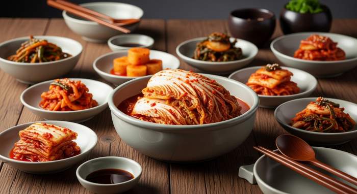 Tavola Coreana Con Varie Ciotole Di Kimchi