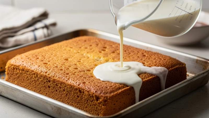 Torta tres leches che assorbe il latte mostrando una tecnica basata sull’impregnazione