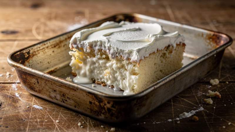 Tres leches in teglia di metallo associata a memoria familiare e infanzia