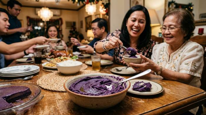 Ube halaya filippino viola servito durante una tradizionale celebrazione familiare