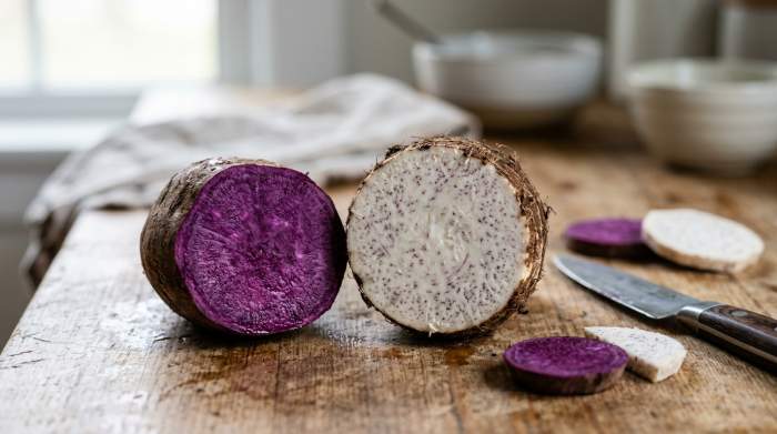Confronto visivo tra ube viola e taro con diverse texture e colori naturali