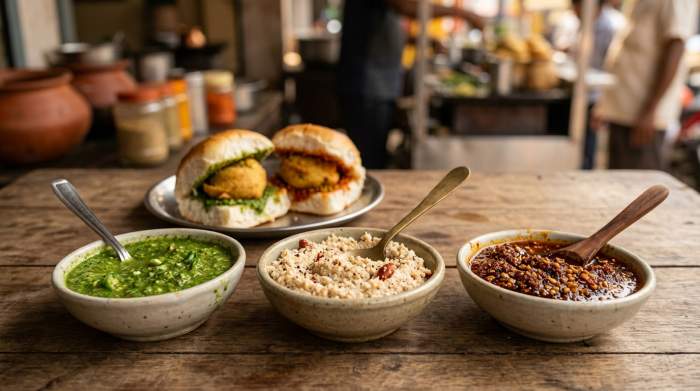 Vada pav con diverse varianti di chutney speziati tipici dell’India