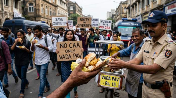 Persone condividono vada pav durante una protesta popolare a Mumbai