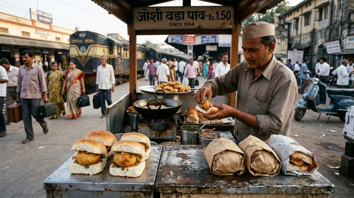 Chiosco di vada pav vicino a una stazione ferroviaria di Pune negli anni Ottanta