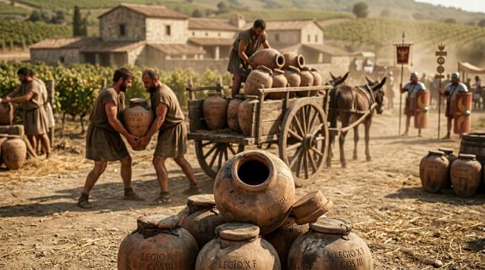Anfore romane piene di vino utilizzate per produzione e distribuzione in un contesto agricolo antico